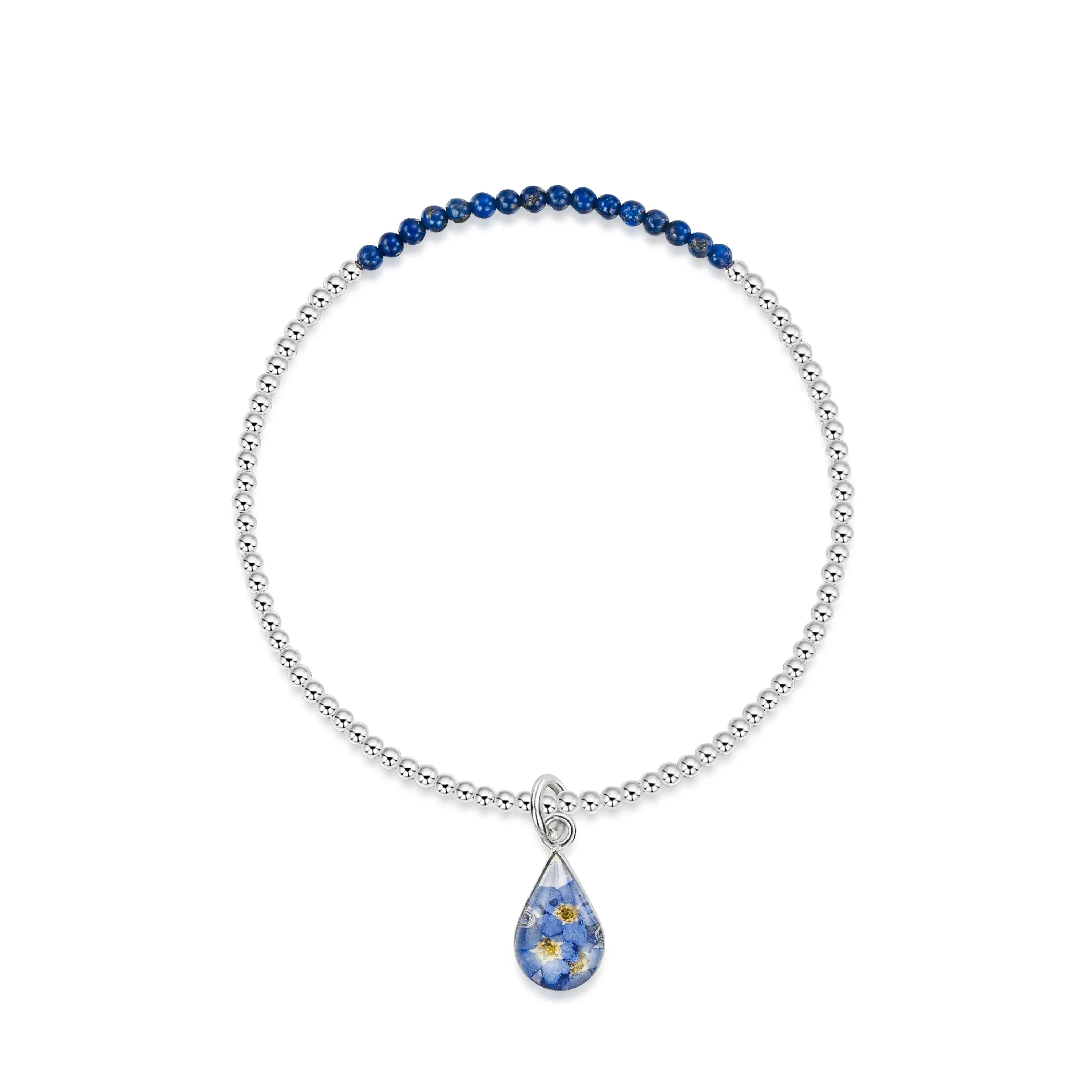 Sterling silver Stretch beaded bracelet - Forget-me-not Teardrop & Lapiz stone