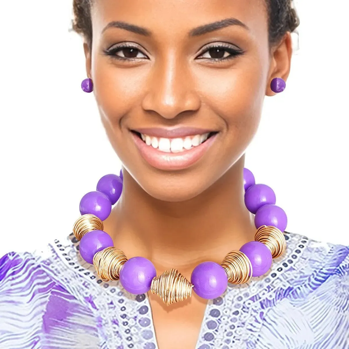 Stunning Chunky Purple Bead Jewelry Set: Necklace & Earrings