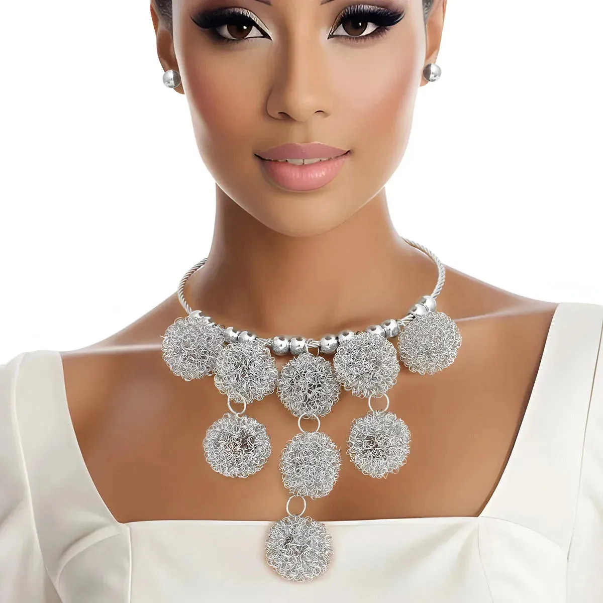 Stunning Silver Twisted Orb Bib Necklace Set