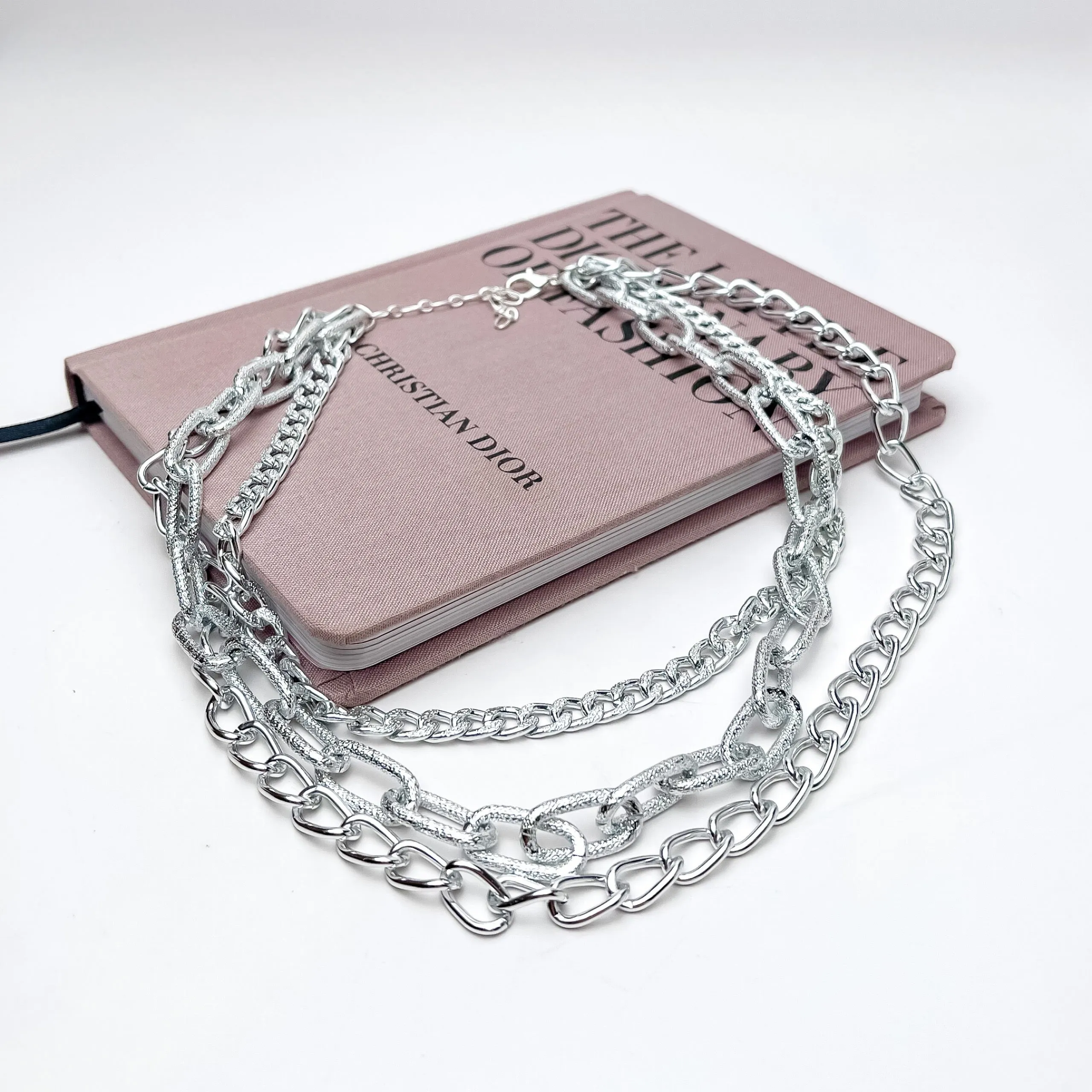 Triple Strand Chunky Chain Silver Tone Necklace