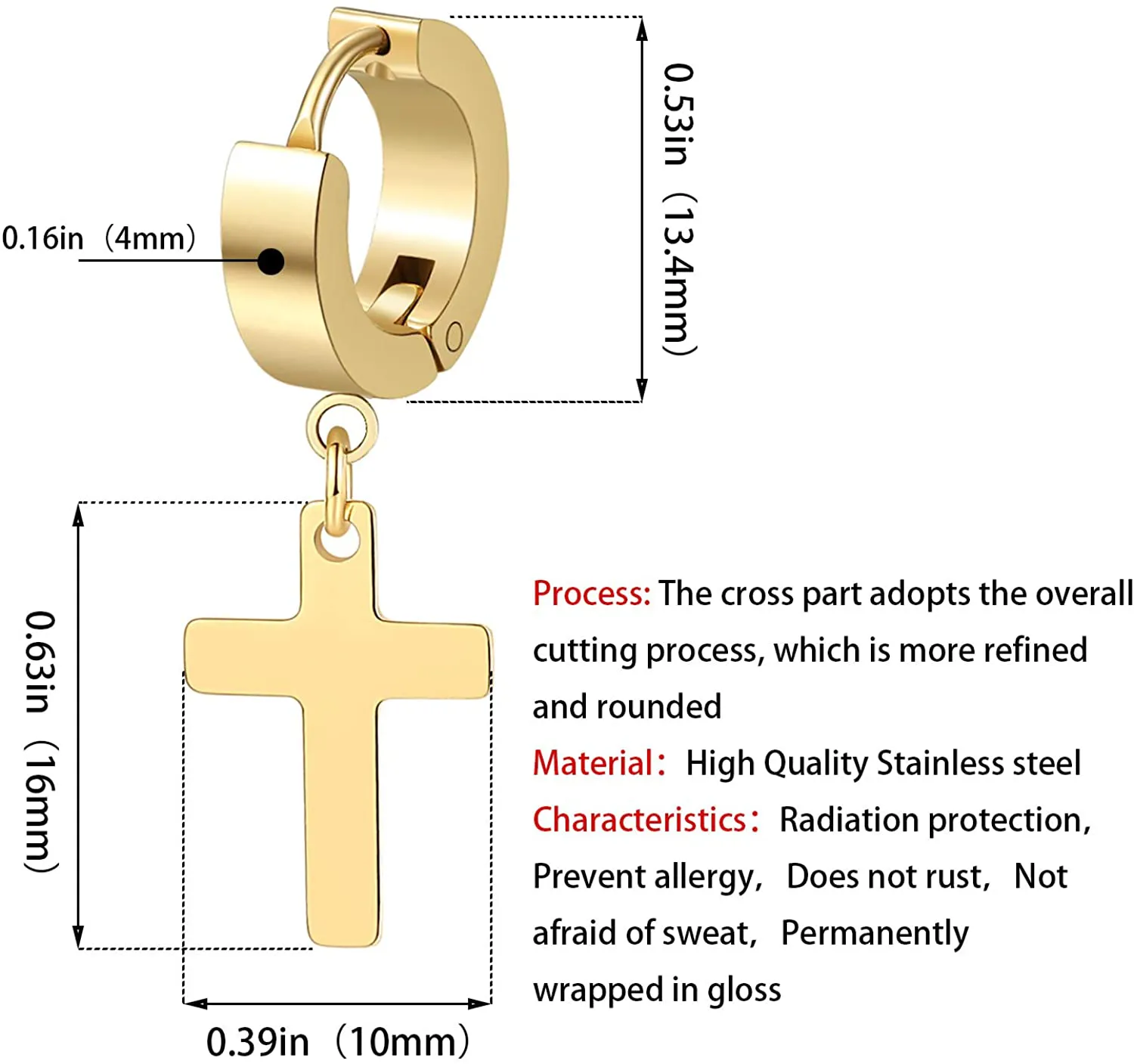 TXPFF 3 Pairs of Cross Earrings Dangle Hinged Men Earrings Stainless Steel Cross hoop Earrings for Men and Women ,Silver,Gold ,Black