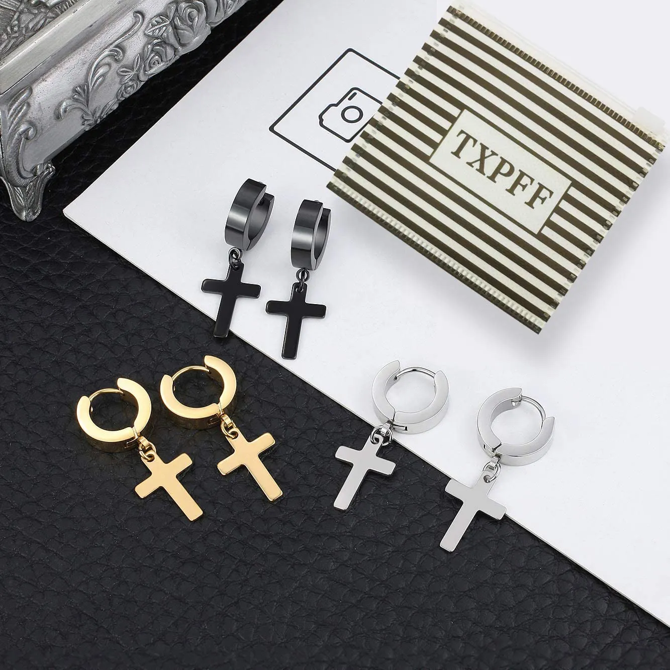 TXPFF 3 Pairs of Cross Earrings Dangle Hinged Men Earrings Stainless Steel Cross hoop Earrings for Men and Women ,Silver,Gold ,Black