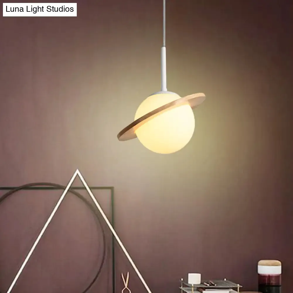 White Glass Pendant Lamp with Wood Ring - Simple Global Hanging Fixture for Bedside