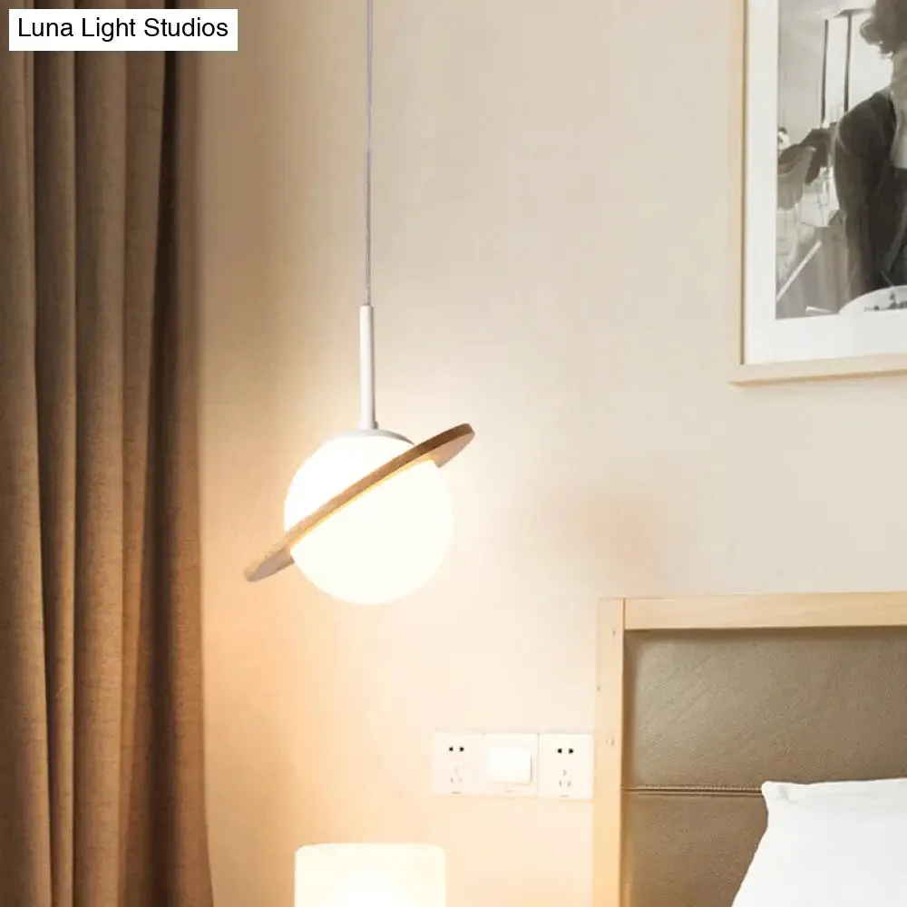 White Glass Pendant Lamp with Wood Ring - Simple Global Hanging Fixture for Bedside